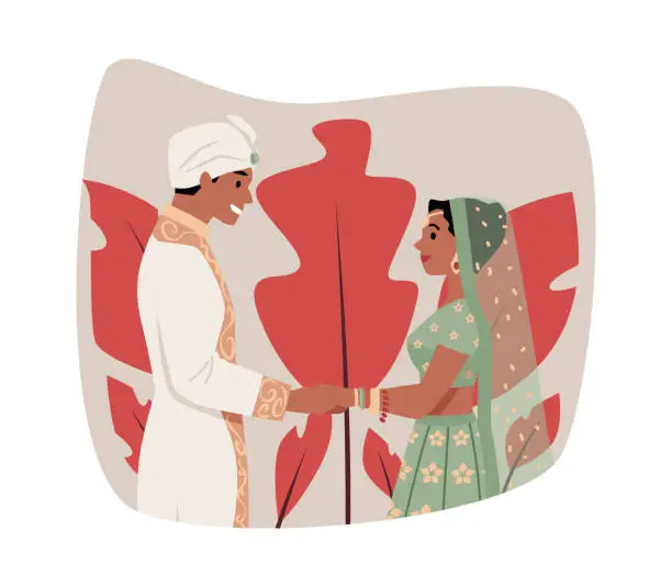 Vector illustration of Happy bride and groom holding hands flat style, vector illustration