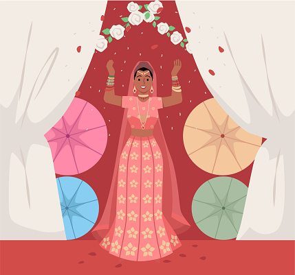 Beautiful Indian happy bride in traditional Indian wedding outfits and jewelry greets with hands up. Cartoon romantic woman engagement portrait. Marriage interior vector illustration