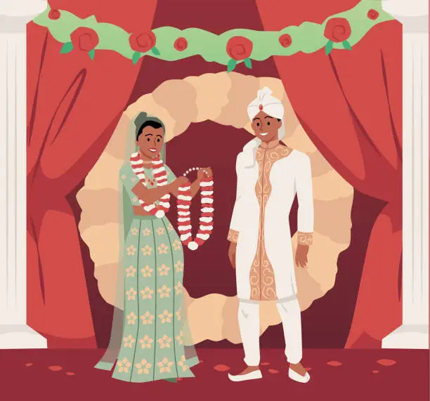 Vector illustration of Indian wedding couple standing together, bride holding a wreath of flowers, vector engagement, marriage ceremony