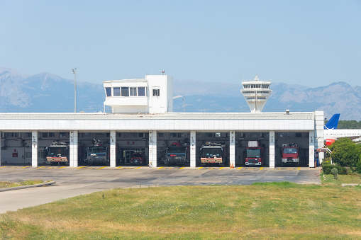 Fire station, rescue observation post based on fire trucks and trucks on the territory of the airport