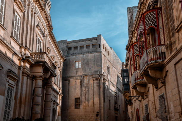 Terraces, Pillars And Other Traditional Architectural Features In Old Town Mdina, Malta