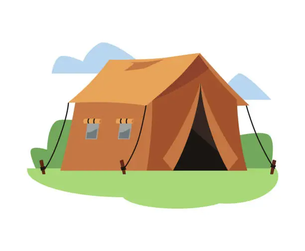 Vector illustration of Tourist camping big tent, marquee campsite equipment in nature, vector folding house with windows, traveling and hiking
