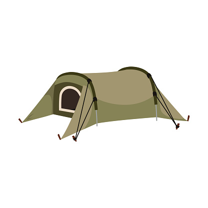 Tourist camping tent vector illustration. Modern campsite awning equipment for traveling and hiking activities, summer outdoors vacation. Cartoon camping folding house isolated on white