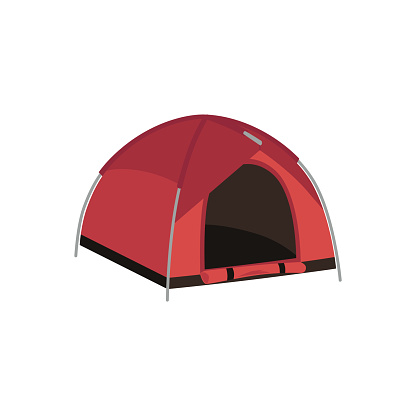 Tourist camping tent icon. Vector illustration of red modern campsite equipment for traveling and hiking activities. Cartoon camping folding house isolated on white. Summer outdoors vacation