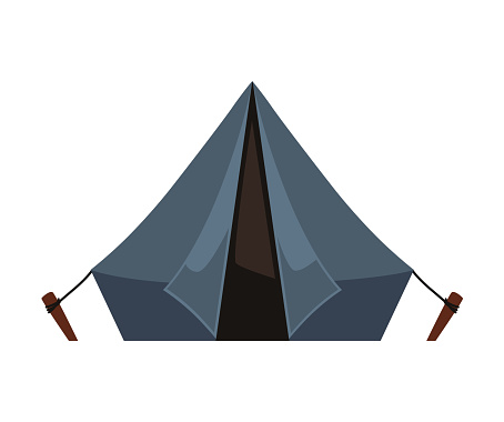 Tourist camping tent, campsite equipment. Vector illustration of grey tent for traveling and hiking activities. Cartoon camping folding house isolated on white front view. Summer outdoors vacation