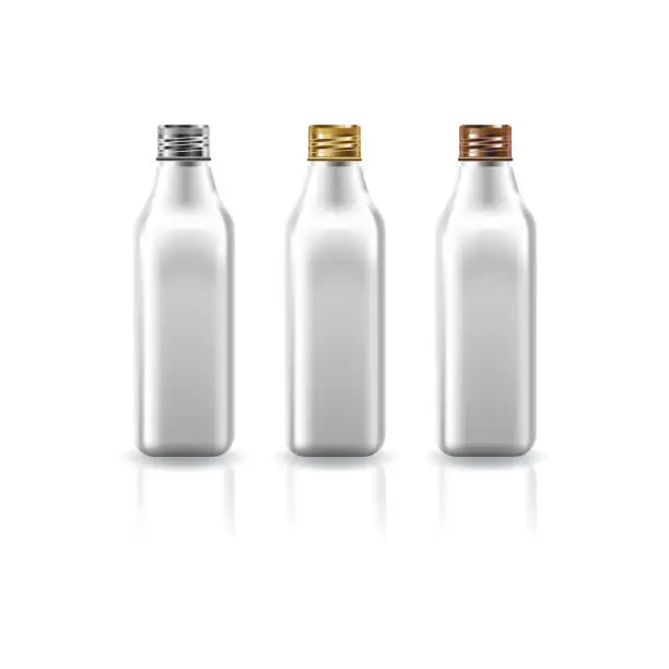 Vector illustration of Blank white square cosmetic bottles with silver-gold-copper screw caps for beauty, healthy or food product. Isolated on white background. Ready to use for package design. Vector illustration.