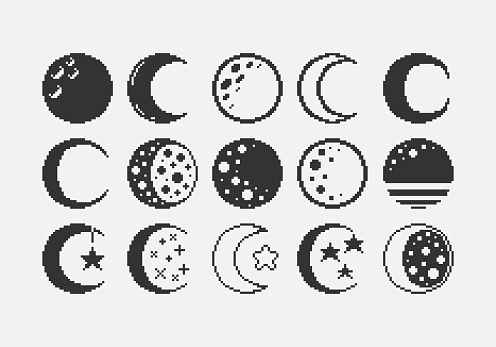 black and white simple flat 1bit vector pixel art set of different stylizations of the moon icons on black background