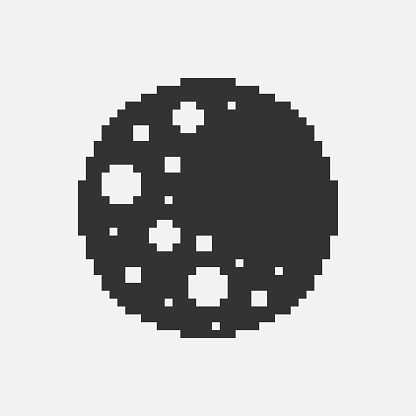 black and white simple flat 1bit vector pixel art icon of the round moon in the craters