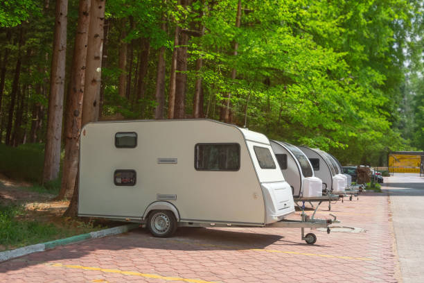 istock Several motorhome trailers parked in forest, thickets, bushes, green trees residential area. 2119947876