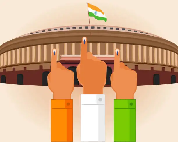 Vector illustration of Voting sign on finger ink spot on fingernail for voting Indian general election and parliament building