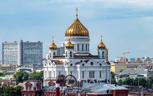 July 14, 2022, Moscow, Russia. View of the Cathedral of Christ the Savior in the center of the Russian capital on a summer day.