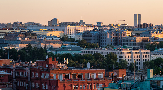 July 16, 2022, Moscow, Russia. View of residential and office buildings in the center of the Russian capital in the early summer morning.