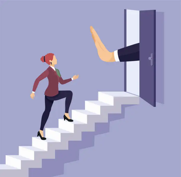 Vector illustration of A businesswoman ascends to an open door where a giant hand tries to stop her.