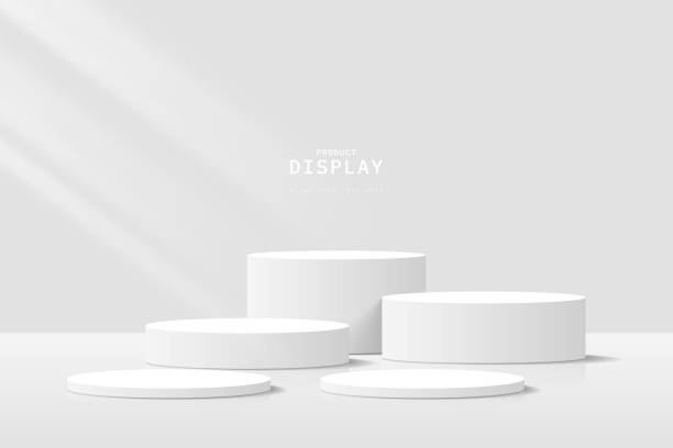 istock Abstract soft 3D room with set of realistic white cylinder pedestal podium. Minimal scene for product display presentation. 3d vector geometric platform design. Stage for showcase, cosmetic. 2119997160