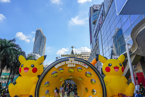Pokemon Christmas Celebration square, fair, celebration at Central World Shopping plaza in Thailand. Photo zone for tourists Pikachu Christmas tree. 07 december 2023.