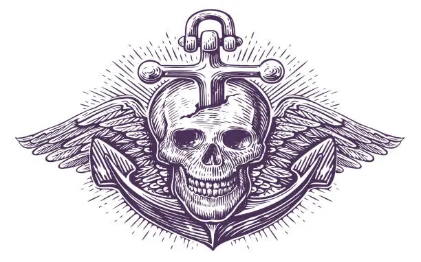 Vector illustration of Old ship anchor and skull with wings. Hand drawn vintage vector illustration, sketch engraving style