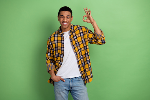 Photo of young positive man wearing plaid yellow shirt showing okey sign enjoying his trendy outfit isolated over green color background.