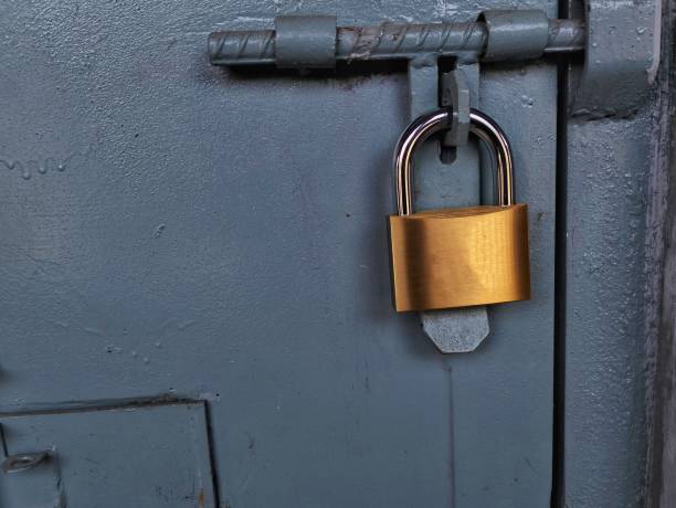 istock gold-colored padlock on the iron door 2120022230