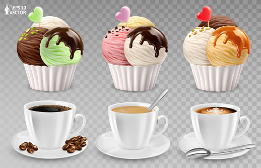 Coffee collection. Flavored ice cream, various flavors and toppings. Vector realistic set. 3D food illustrations for design and advertising