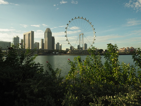 Singapore - July 25 2018: Singapore city landscape with Singapore Fyler, a giant observation wheel in Singapore. View from Gardens by the Bay or GBTB area
