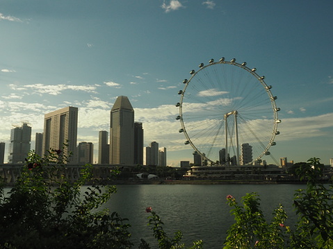 Singapore - July 25 2018: Singapore city landscape with Singapore Fyler, a giant observation wheel in Singapore. View from Gardens by the Bay or GBTB area