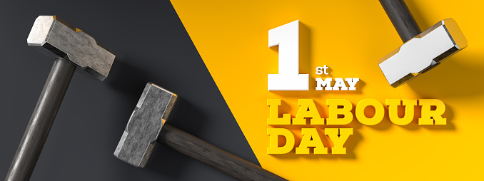 Labour day background design with hammers isolated on dark background. 1st May Labour day background. 3D illustration