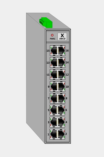 Industrial unmanaged fast Ethernet switch for DIN rail mounting. Contains 16 RJ-45 Ethernet ports. At the top is the power connector. 3d vector illustration.