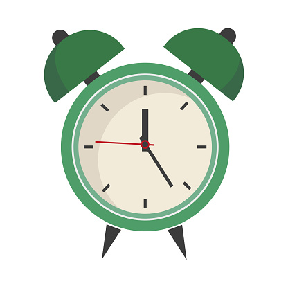 Retro alarm clock illustration. Classic wake-up timer. Green bedside timepiece. Vintage analog design. Vector illustration. EPS 10. Stock image.