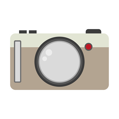 Retro camera flat icon. Photography equipment symbol. Vintage snapshot device. Hobby and travel accessory. Vector illustration. EPS 10. Stock image.