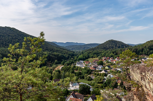 Aerial View of Town of Erfweiler seen from Hahnfels in Rockland of Dahn, Rhineland-Palatinate, Germany