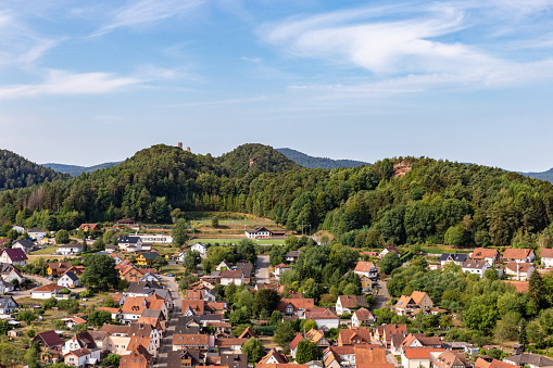 Aerial View of Town of Erfweiler seen from Hahnfels in Rockland of Dahn, Rhineland-Palatinate, Germany