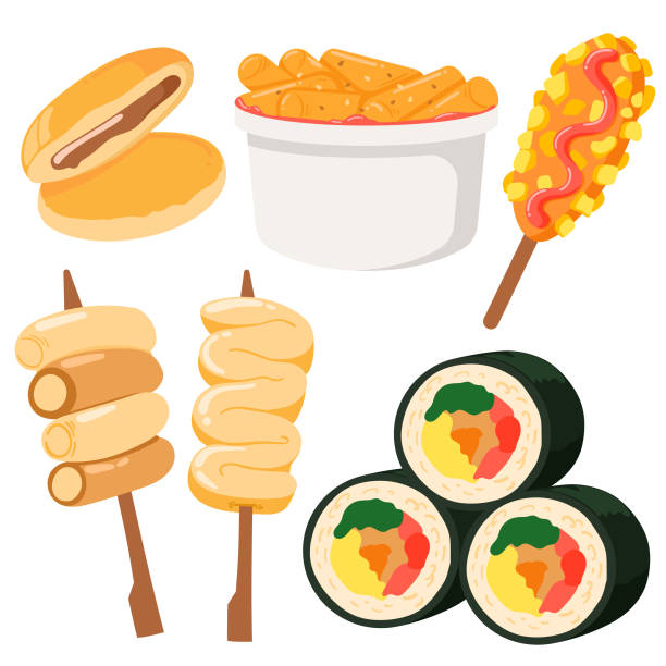 Web Set of Korean Street Food Vector Illustration Including Hotteok, Kimbap, Odeng, Sotteok, Tokkebi and Teokbokki korean food stock illustrations