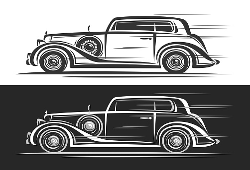 Vector logo for Vintage Car, horizontal decorative automotive banners with simple contour illustration of elegant historic car in moving, art design monochrome exotic car on black and white background