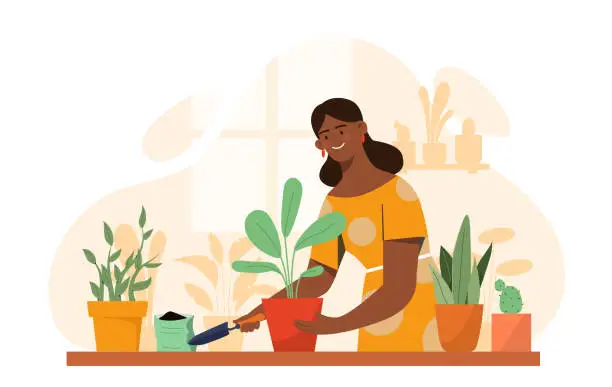 Vector illustration of Woman with houseplants vector