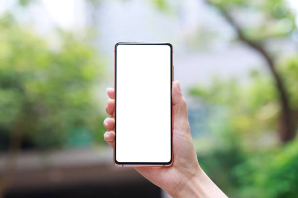istock A woman hand holding a mobile smartphone with a blank screen, set against a blurred background of a city park 2120175698