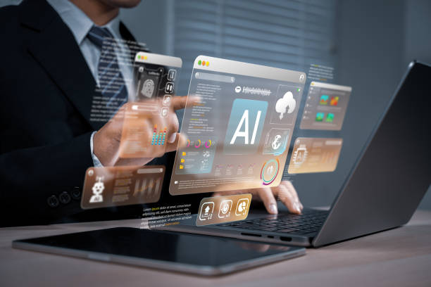 istock Men who use websites or AI software technology to help and support tasks for chatbots, AI chat, visualization, coding, and data analysis using technology. Intelligent robot AI. 2120176755