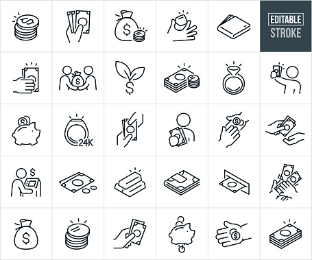 A set of money icons that include editable strokes or outlines using the EPS vector file. The icons include a stack of coins, hand holding bills, money bag full of coins, hand holding a gold nugget, wallet with money, hand holding out paper currency, person giving another person a bag full of money, dollar sign growing a leaf, stack of bills, diamond ring, person holding up dollar bills in his hand, money dropping into a piggy bank, gold ring, two hands exchanging money, person paying with cash, stack of cash, person holding out cash, hands exchanging coins, person getting money out of ATM machine, gold bars, cash in money clip, bills coming out of ATM, hands throwing money, gold coins, coins falling out of the bottom of a piggy bank, hand holding out coins and other money related icons.