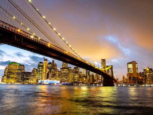 New YorkNew York, Brooklyn Bridge at and the Lower Manhattan skyline under a dramatic sunset