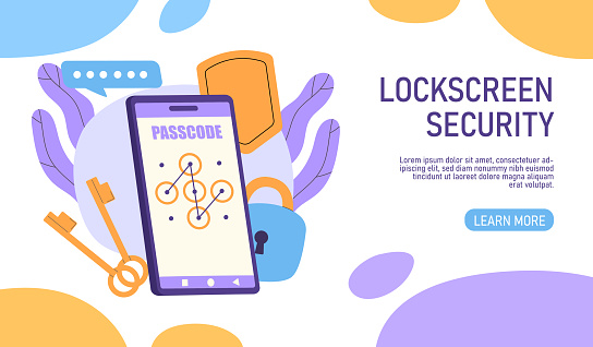Lockscreen security poster. Protection of personal data and information. Password for smartphone. Safety and security system. Landing webpage design. Cartoon flat vector illustration