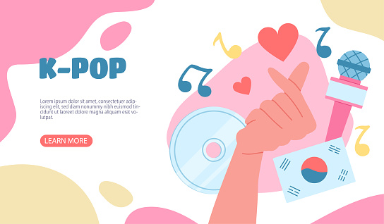 K POP poster. Hand near south Korea flag, disc and microphone. Popular music and sings. Advertising and marketing, famous people and bands. Landing webpage design. Cartoon flat vector illustration