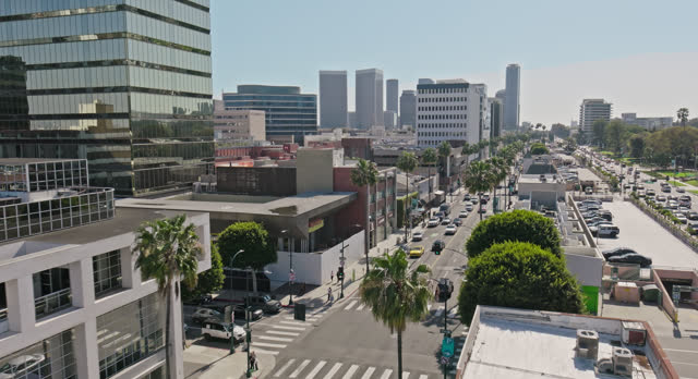 Retreating Drone Shot of Santa Monica Boulevard in Beverly Hills, Los Angeles
