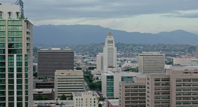 Ascending Aerial Shot Overlooking Los Angeles City Hall