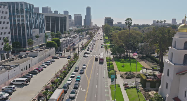 Establishing Aerial Shot of Santa Monica Boulevard in Beverly Hills on Sunny Day