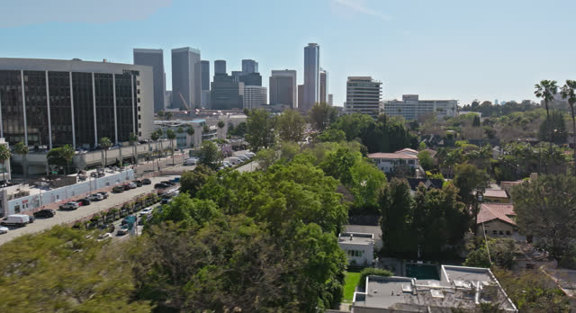 Leftward Descending Sweeping Aerial Shot of Beverly Hills, Los Angeles
