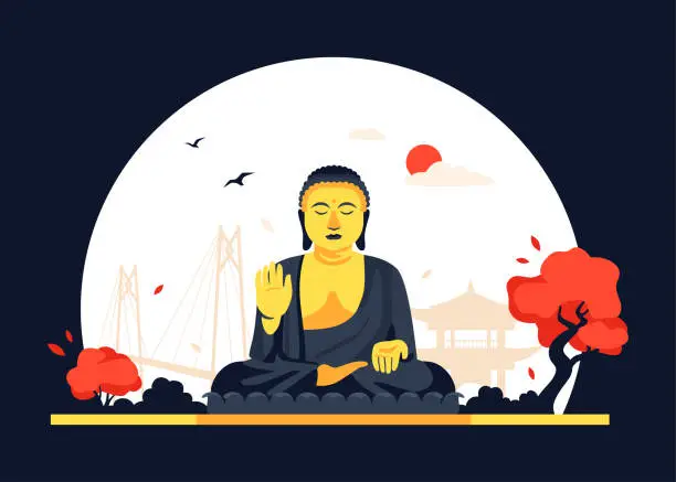 Vector illustration of Peaceful buddha statue - modern colored vector illustration