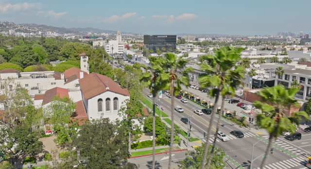 Establishing Aerial Shot of Santa Monica Boulevard in Beverly Hills, Los Angeles