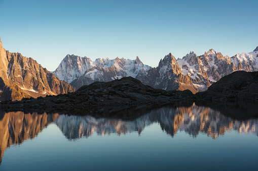 Majestic landscape of Lac Blanc with Mont Blanc massif reflect on the lake in French Alps at the sunset. Haute Savoie, Chamonix, France