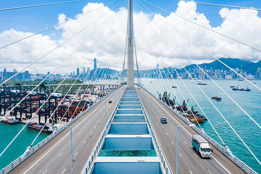 Aerial view of Stonecutters Bridge and the Tsing sha highway, Hong kong