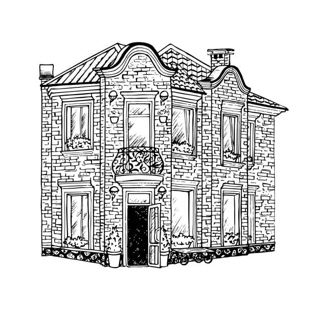 Vector illustration of Old European house urban sketching.