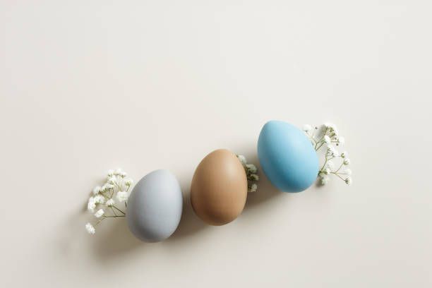 istock Easter Aesthetic with Matte Eggs and Delicate Florals, painted chicken egg decorated white flowers, top view on beige background, spring holiday concept. Minimal style pattern in pastel tones 2120234777